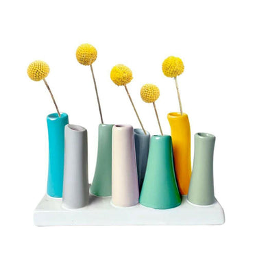 Modern 8 Tube Bud Vase, Pooley Vase Aqua